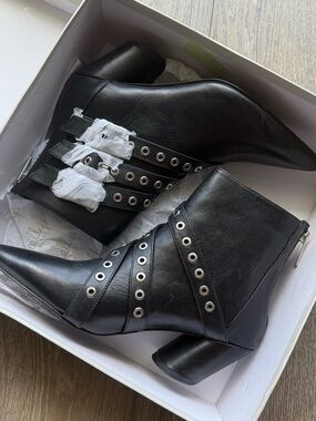 Shellys London Black Faux-Leather Ankle Boots with Grommet Straps